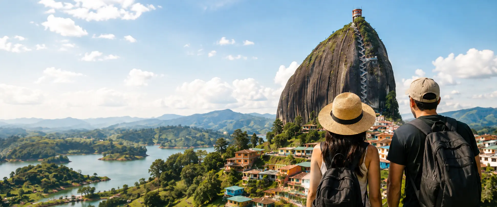 Viajeros contemplando Guatapé y la Piedra del Peñol
